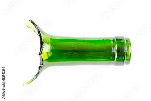 Canvas Print Top view of broken green wine bottle piece isolated on white background