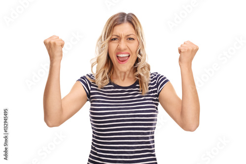Excited woman gesturing with her hands