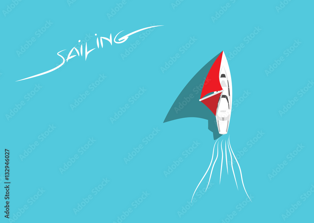 Naklejka premium White Sailing Yacht in Azure Sea Top View. Sailing Ship with Red Sails Floating in Ocean. Aerial View. Summer Holiday Background. Copy Space. Flat Design Style. Eps10 Vector Illustration.