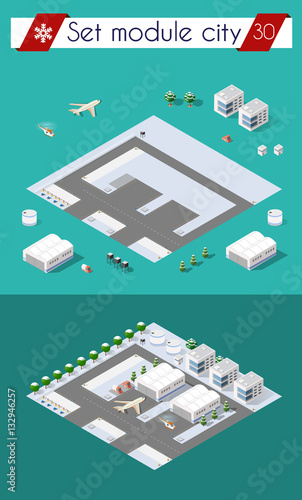 Isometric 3D city airport with transport aircraft and the runway. Skyscrapers, houses and streets with urban traffic movement of the car with trees and nature