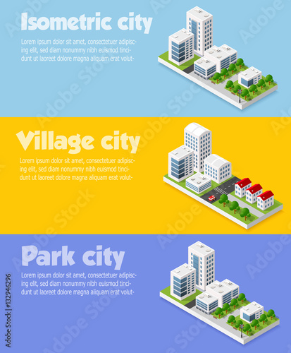 Modern 3D city isometric three-dimensional infographic option banner with colorful isometric city for the business conceptual graphs and diagrams, including skyscrapers, homes and stores with streets