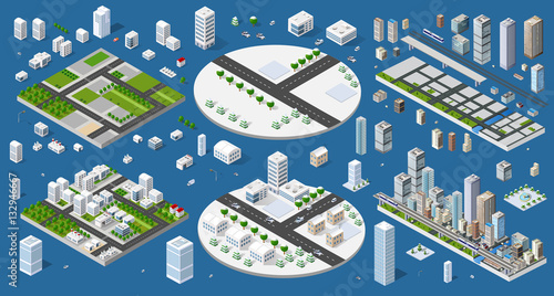 Cityscape design elements with isometric building city map generator. 3D flat icon set. Isolated collection elements for creating your perfect road, park, transport, trees, infrastructure, industrial
