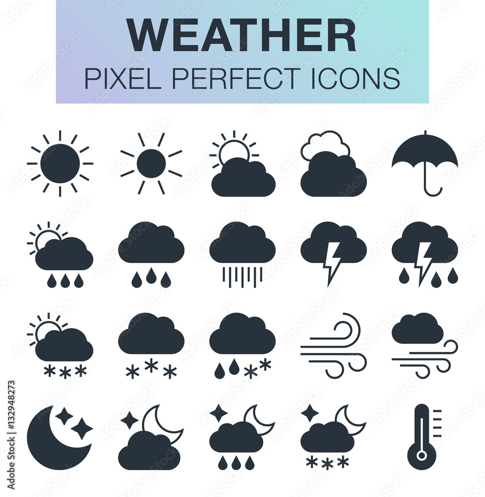 Set of pixel perfect weather icons for mobile apps and web design. Set of pixel perfect weather icons for mobile apps and web design.