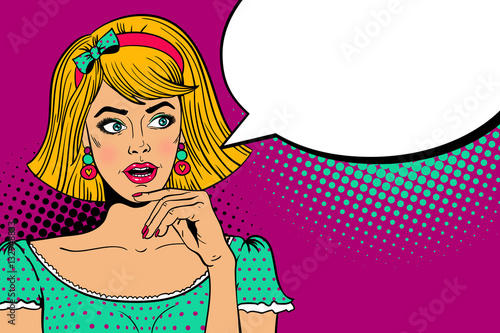 Wow female face. Young sexy surprised blonde woman with open mouth looking at empty speech bubble and holding hand near her face. Vector colorful background in pop art retro comic style.