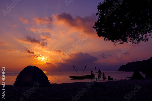 Camping on the beach with the family enjoy kayaking and blue sky sunrise at ang thong Island
