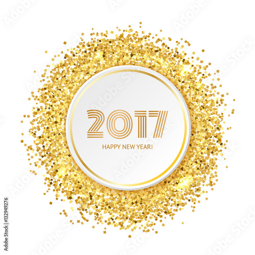 Circle with gold glitter particles, realistic vector illustration isolated on white background. Template for 2017 new year greeting card