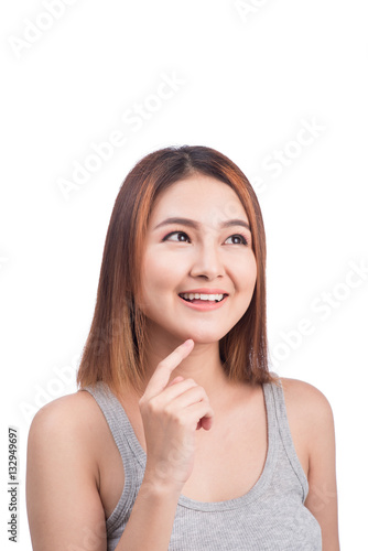 attractive asian woman thinking isolated on white background