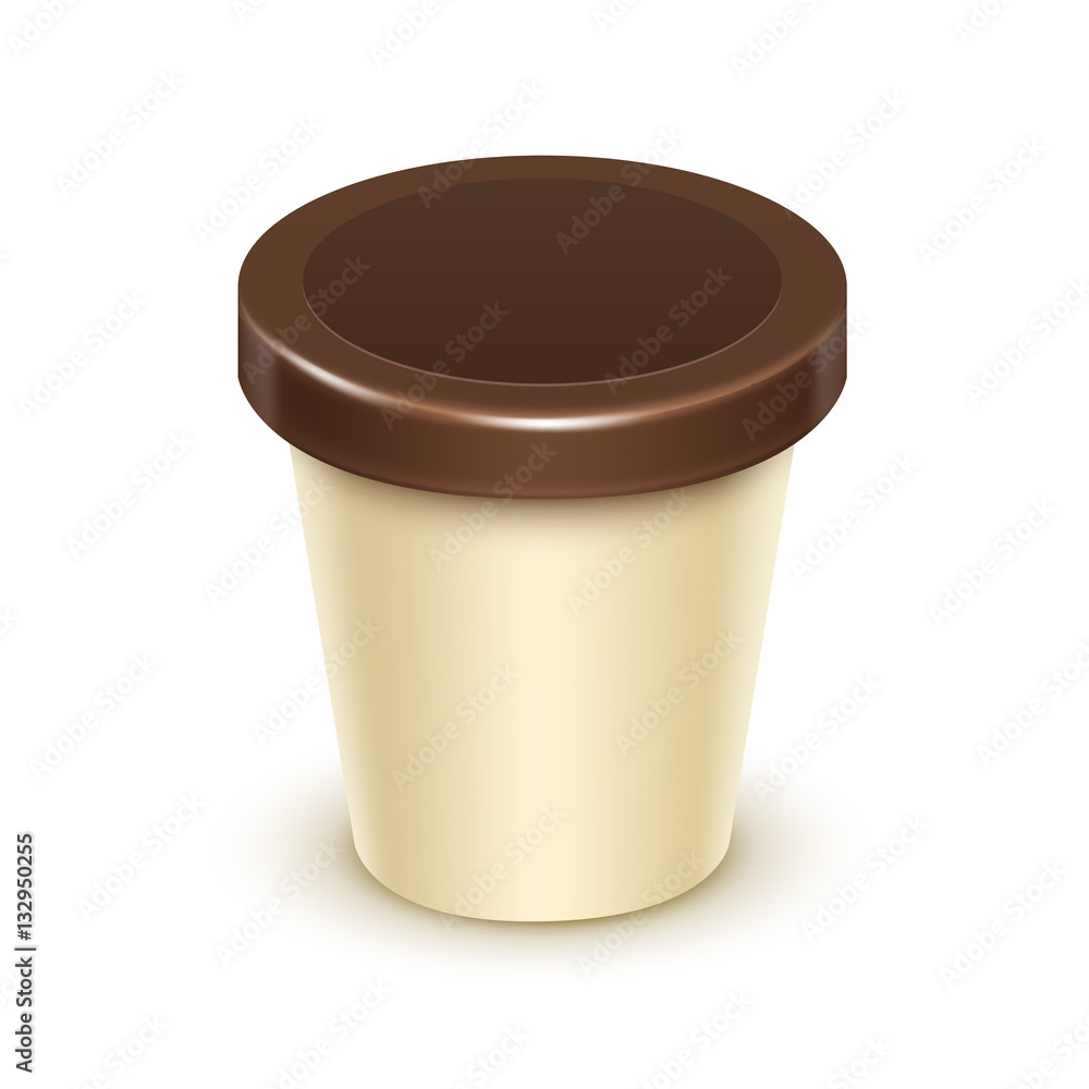 Vector Brown Cream Blank Food Plastic Tub Bucket Container For Vanilla  Chocolate Dessert, Yogurt, Ice Cream with Label for Package Design Mock Up  Close up Isolated on White Background Stock Vector