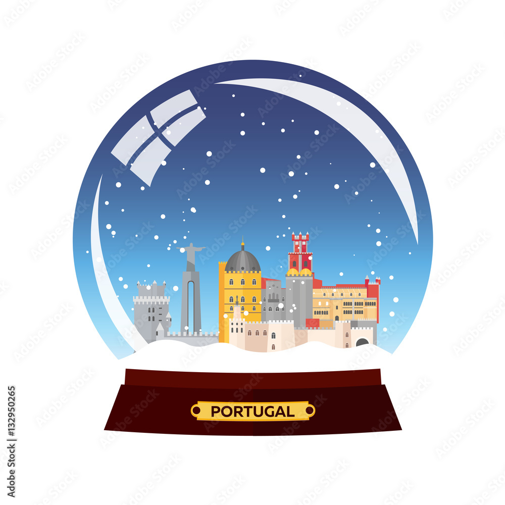 Snow globe city. Portugal. Winter travel vector.