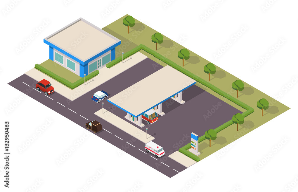 Vector isometric gas station with cars.Design element for a banner, leaflets, the website, the label.infographic element petroleum filling station. Vector isometric gas station with cars.Design element for a banner, leaflets, the website, the label.infographic element petroleum filling station.