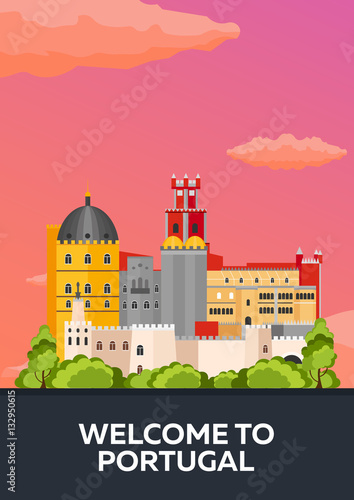 Poster Travel to Portugal skyline. Vector flat illustration