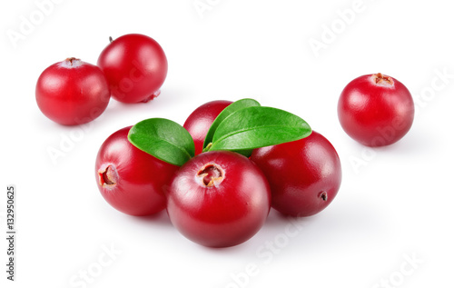 Cranberry with leaves. Group of fresh berries isolated on white.