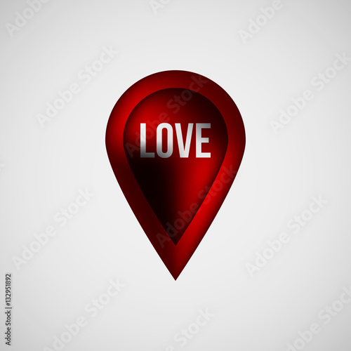 Free Download Red abstract map pointer badge, GPS button with love, valentines day text, realistic reflex and light background for logo, design concepts, banners, applications, apps, prints. Vector illustration. - GFXLoad