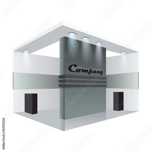 Illustrated unique creative exhibition stand display design info board, roll up. Empty trade booth template. Vector Display Mock-up and corporate identity