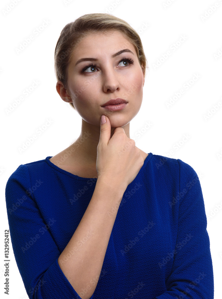 thinking young woman looking up. Isolated