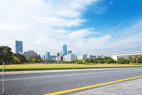 cityscape and skyline of seoul from empty road