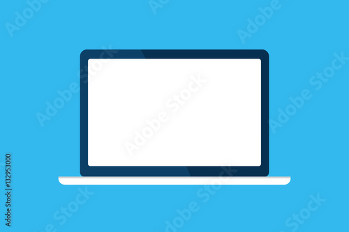 Laptop, computer icon. Device isolated on blue. White screen, template blank, mock up. Vector cartoon flat illustration for web site, mobile app, UI