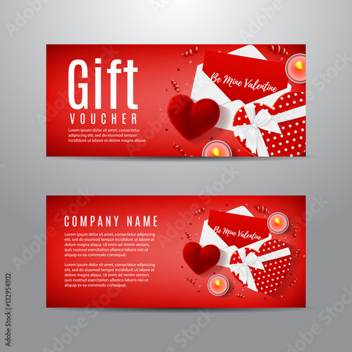Gift voucher for Valentine's Day. Unusual design of coupon usable for invitation and ticket. Top view on gift box, red case for ring, candles, confetti and serpentine.