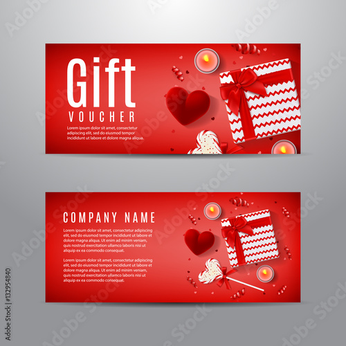 Red gift voucher for Valentine's Day. Unusual design of coupon usable for invitation and ticket. Top view on gift box, red case for ring, candles, confetti and serpentine.