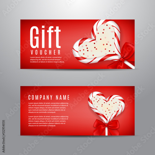 Valentine's Day gift voucher. Unusual design of coupon usable for invitation and ticket. Vector illustration with lollipop in the form of heart.
