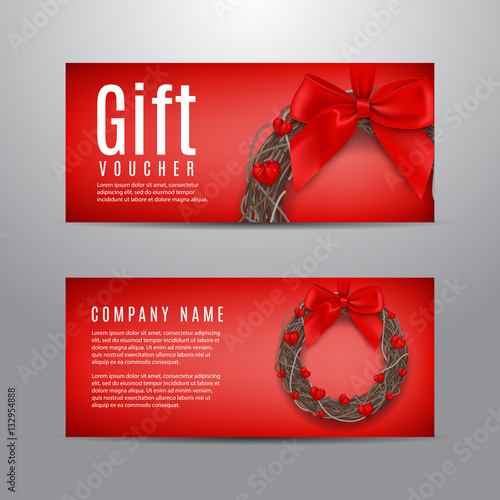 Valentine's Day red gift voucher. Unusual design of coupon usable for invitation and ticket. Vector illustration with wreath and hearts on the satine bow.