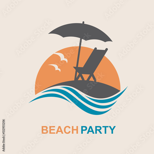 emblem of summer vacation with reclining chair and umbrella on island