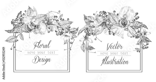 Set of two templates for cards or invitations. Black and white. Vector illustration. Composition of autumn flowers and berries. Pointillism style.