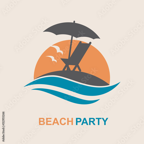 emblem of summer vacation with reclining chair and umbrella on island