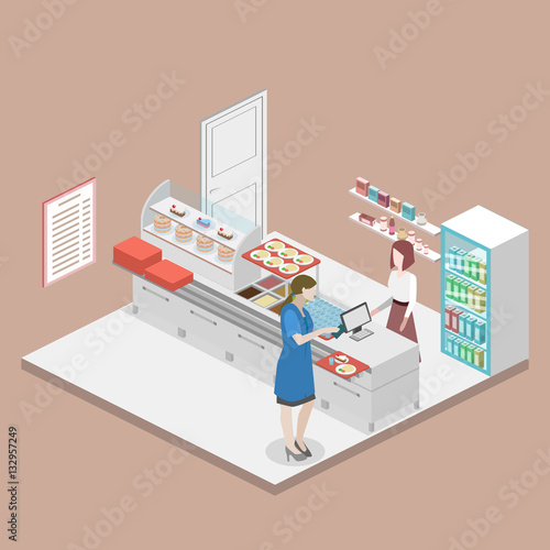 Isometric flat 3D vector interior of a coffee shop or canteen.