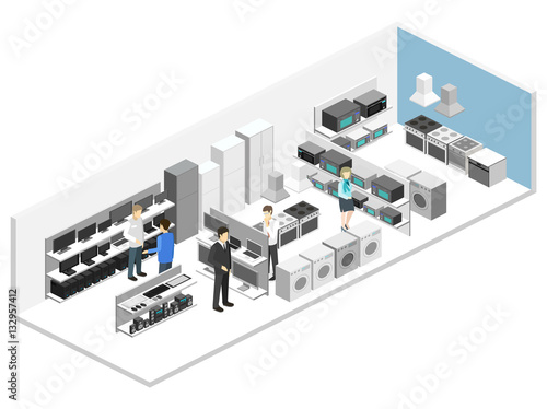 Isometric flat 3D interior household equipment store, computer shop