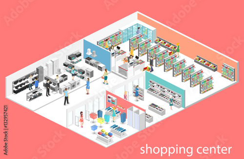isometric interior shopping mall, grocery, computer, household, equipment store.