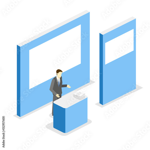 Isometric flat 3D concept vector exhibition or promotion stand.
