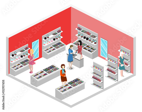 Isometric flat 3D isolated vector interior cosmetics shop