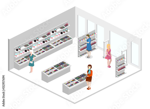 Isometric flat 3D isolated vector interior cosmetics shop