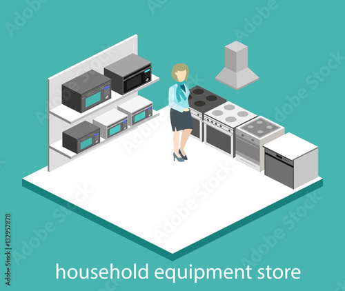 Isometric flat 3D concept vector cutaway interior household equipment store