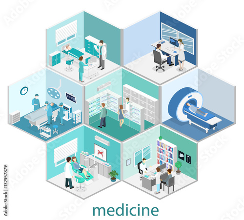 Isometric flat interior of hospital room, pharmacy, doctor's office,