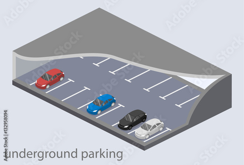 Isometric flat 3D concept vector underground parking with cars.