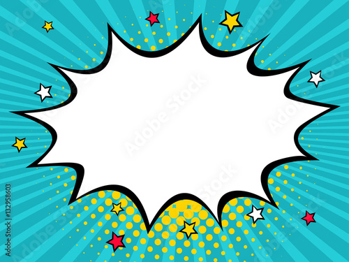 Empty comic speech bubble with dots and stars. Vector colorful background in pop art retro comic style.