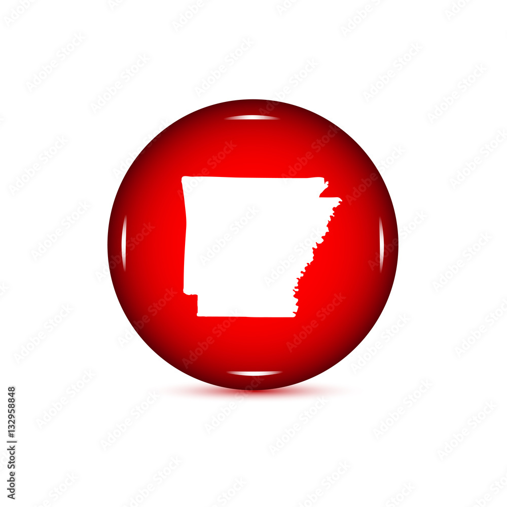 Map of the U.S. state of Arkansas. Red button on a white backgro Map of the U.S. state of Arkansas. Red button on a white backgro