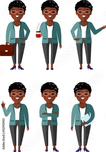 illustration of african american business woman in different positions . 
