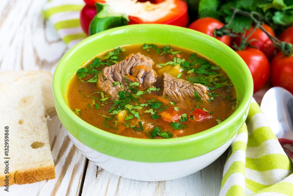 Caucasian lamb or beef Shurpa soup with vegetables Caucasian lamb or beef Shurpa soup with vegetables