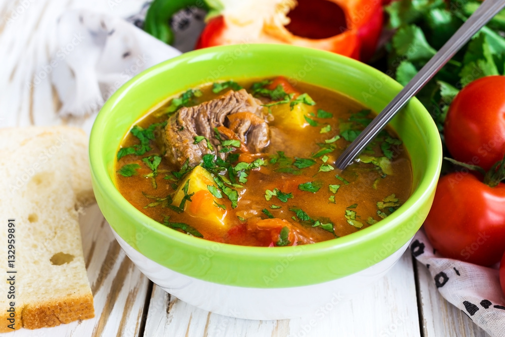 Caucasian lamb or beef Shurpa soup with vegetables Caucasian lamb or beef Shurpa soup with vegetables