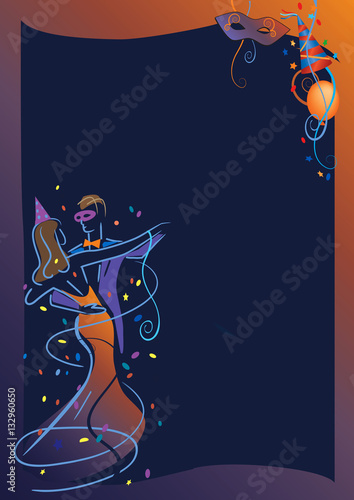 Carnival ballroom dance background.
Colorful stylized illustration of Young couple dancing ballroom dance and with carnival decoration.Vector available.