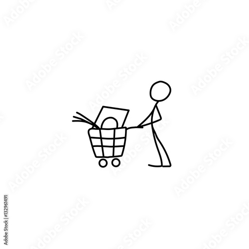 Stick figure man pushing shopping cart icon