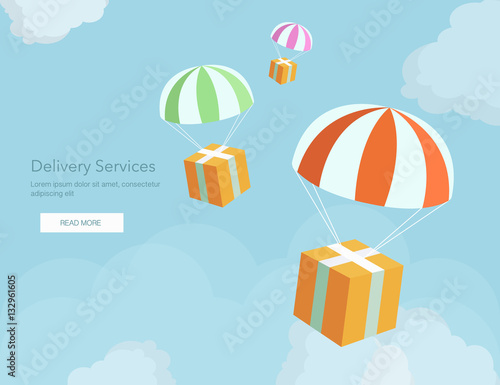 Web banner for Delivery Services and E-Commerce. Packages are flying on parachutes.Flat elements isolated vector illustration