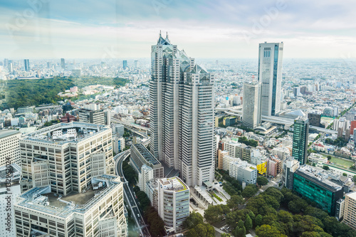 Business and culture concept - panoramic modern city skyline bird eye aerial view under dramatic sun and morning blue cloudy sky in Tokyo, Japan © voyata