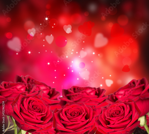 Roses red and Hearts background. Valentine concept. Nature and beautiful red roses bouquet on abstract background. St. Valentine s Day