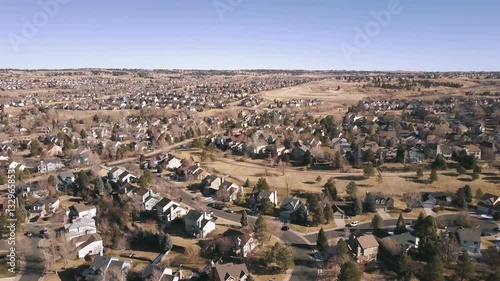 Aerial view of residential neighborhood in suburbia in snowless Winter