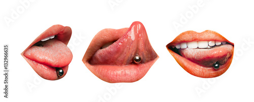Canvas Print Set of three female lips with piercing in tongue isolated on white background