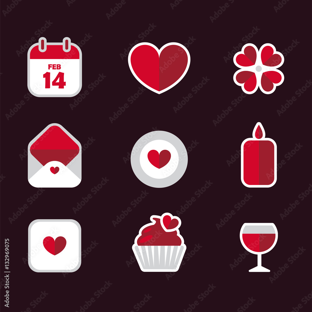 Saint Valentine's Day flat icons set.